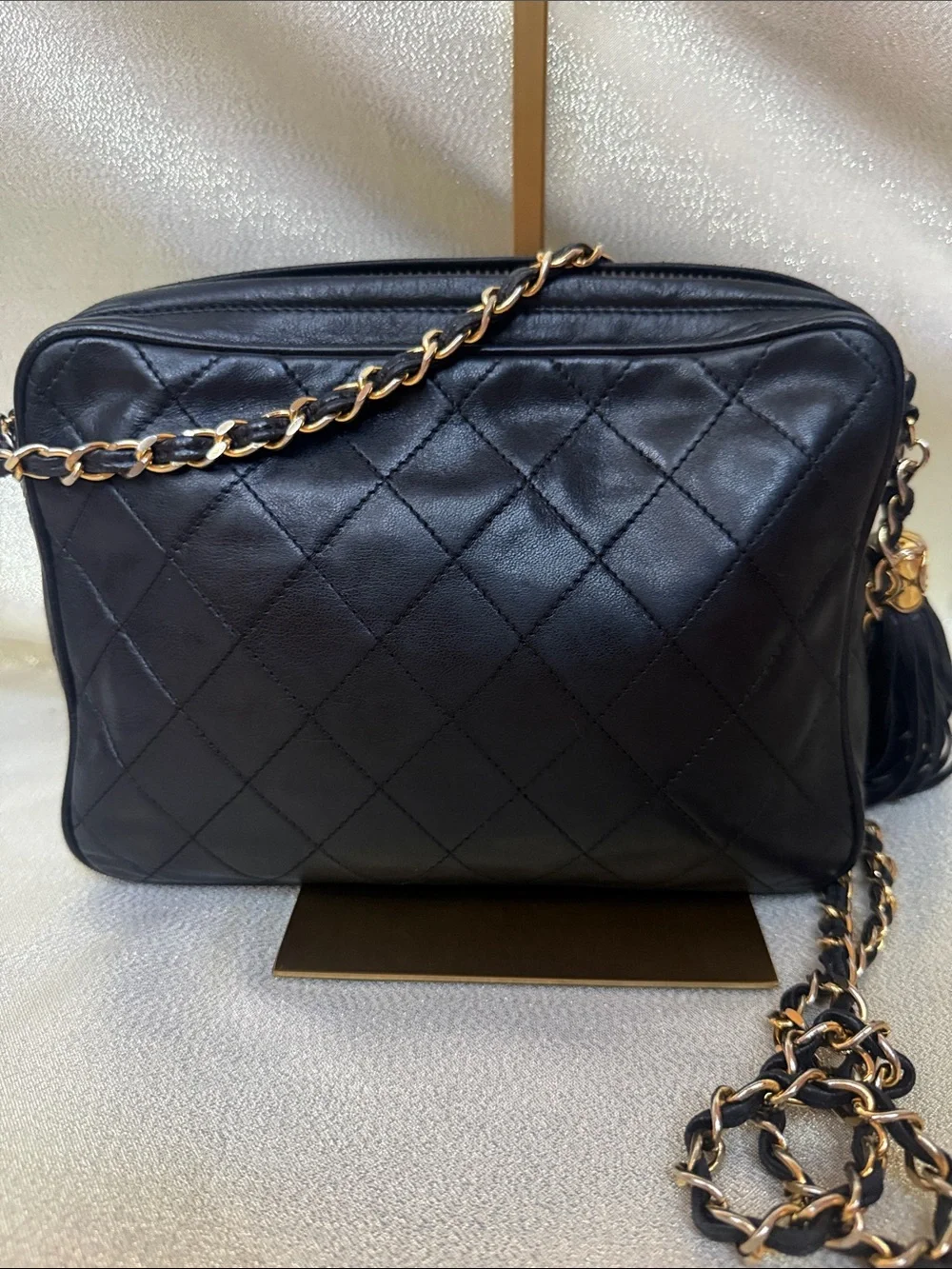 CHANEL Black Quilted Lambskin Shoulder Camera Bag with Tassel Vintage